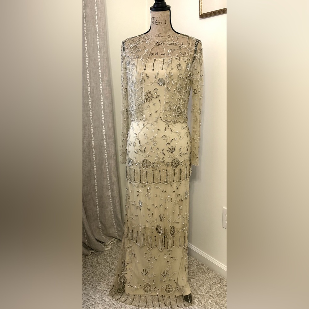 Stunning vintage Stenay beaded formal dress/maxi slipdress/cream/matching jacket